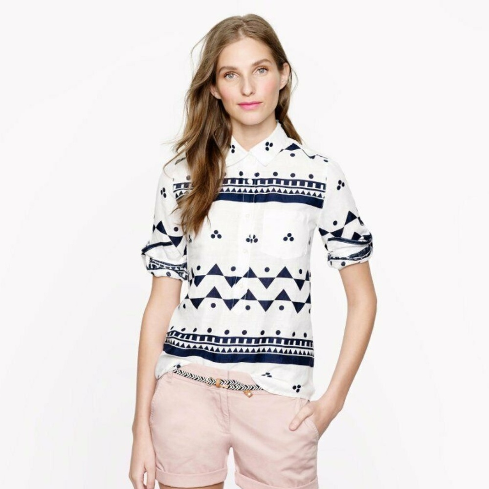 J. Crew top blouse Aztec button up 100% linen  XS